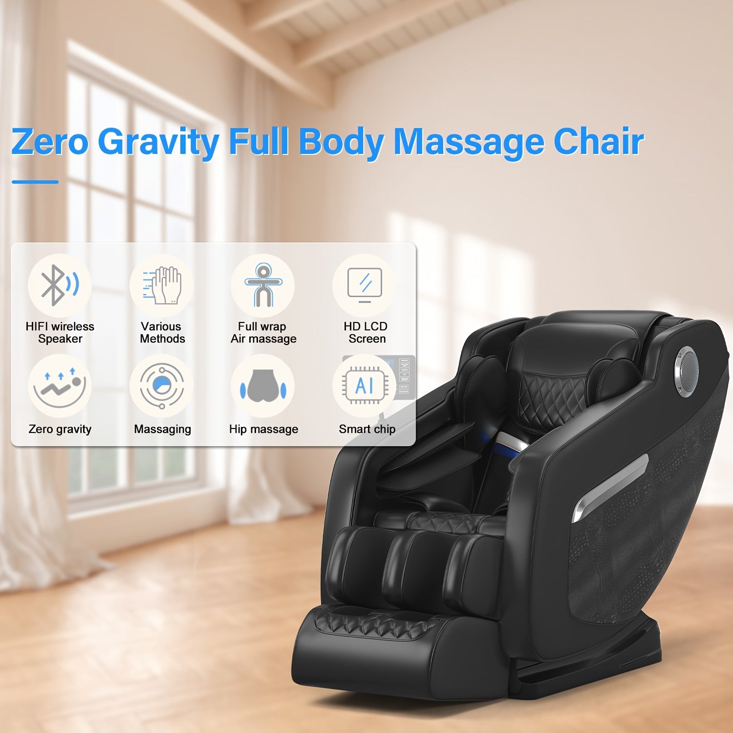 Aiveisi Luxury Zero-Gravity Massage Chair – Full-Body Kneading, Heating & Air Pressure Massage (Black)