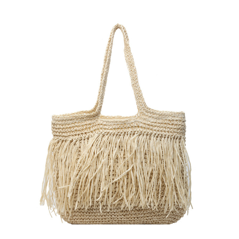 Straw Woven Women's Large Capacity Tassel Shoulder Bag