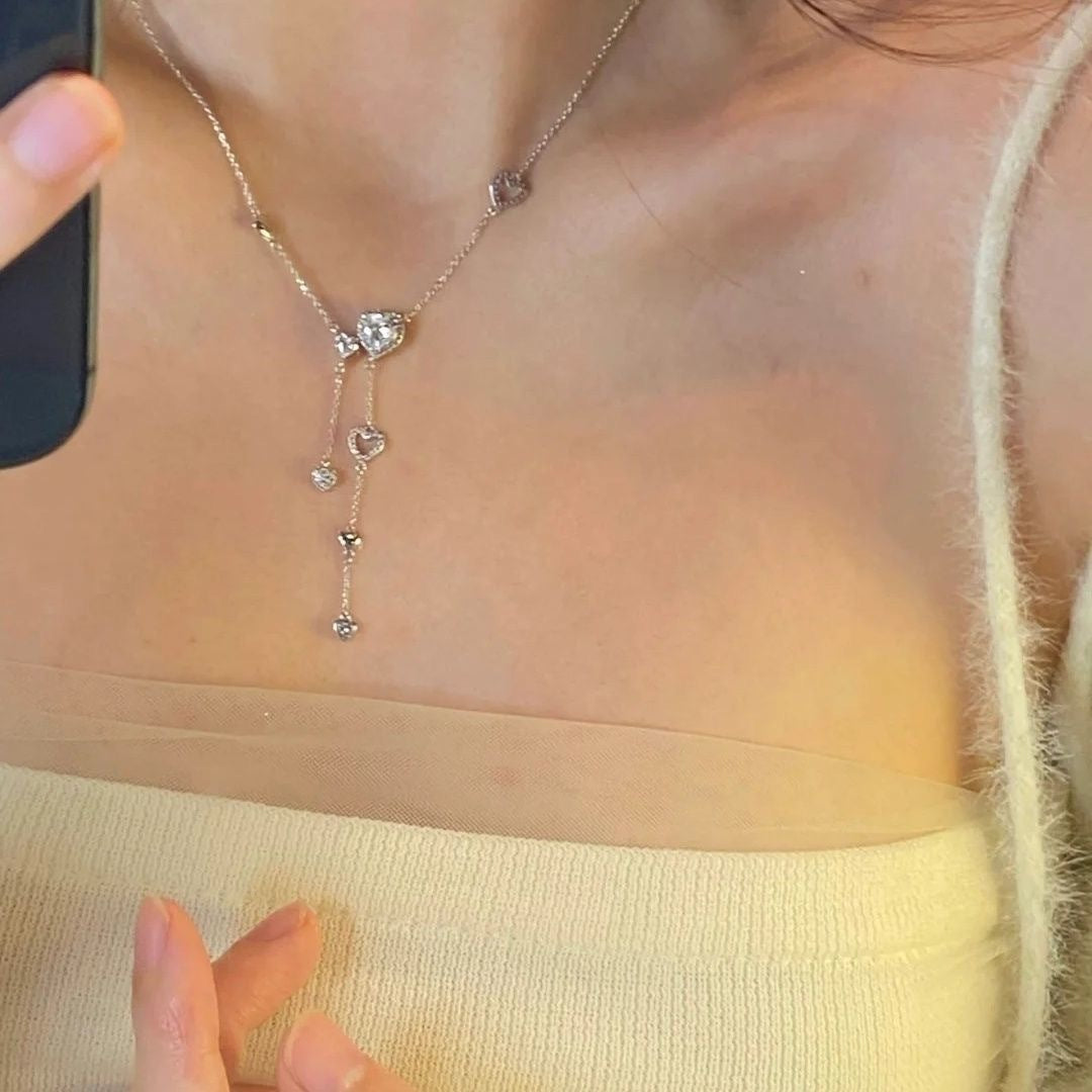 Heart-shaped Full Of Diamond Tassel Necklace Exquisite Clavicle Chain