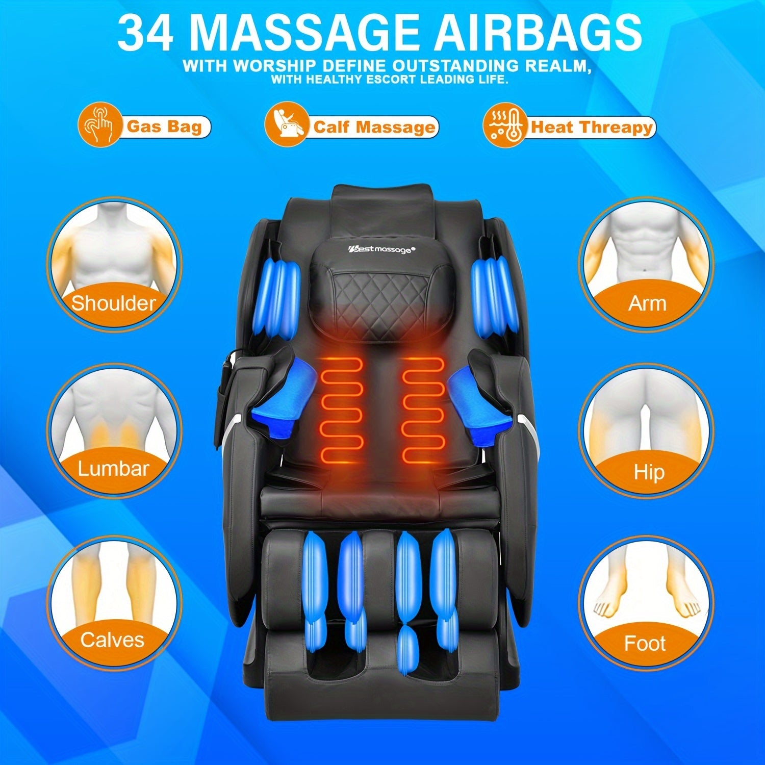 34 massage airbags of Zero Gravity FullBody Electric Shiatsu Massage Chair- Heat&Foot Roller