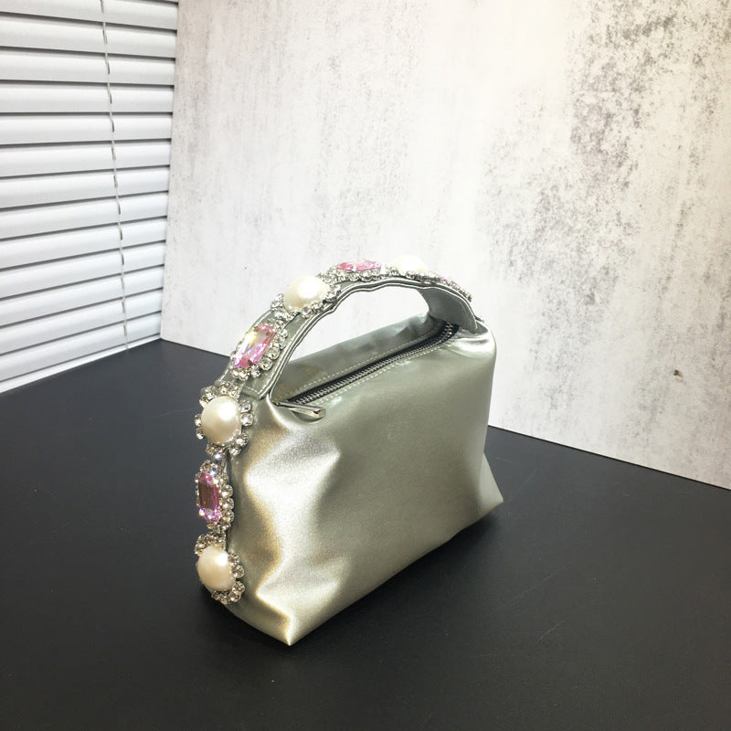Flower Rhinestone Pearl Dinner Bag Silk Diamond Clutch
