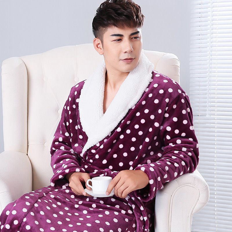 Thickened Polka Dot Robe Coral Fleece Nightgown Men's Bathrobe Pajamas