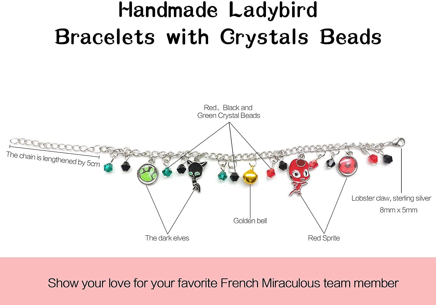 Ladybug Superhero And Cat Bracelet Charm With Crystal Bead Bangle For Kids Cosplay Adjustable Jewelry