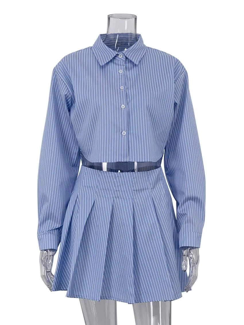 Elegant Blue Striped Women's Two-piece Set Fashion Long Sleeve
