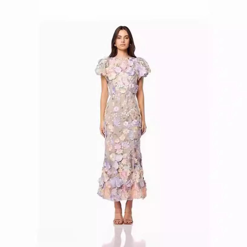 Women's Round Neck Embroidered Three-dimensional Flower Mid-length Dress