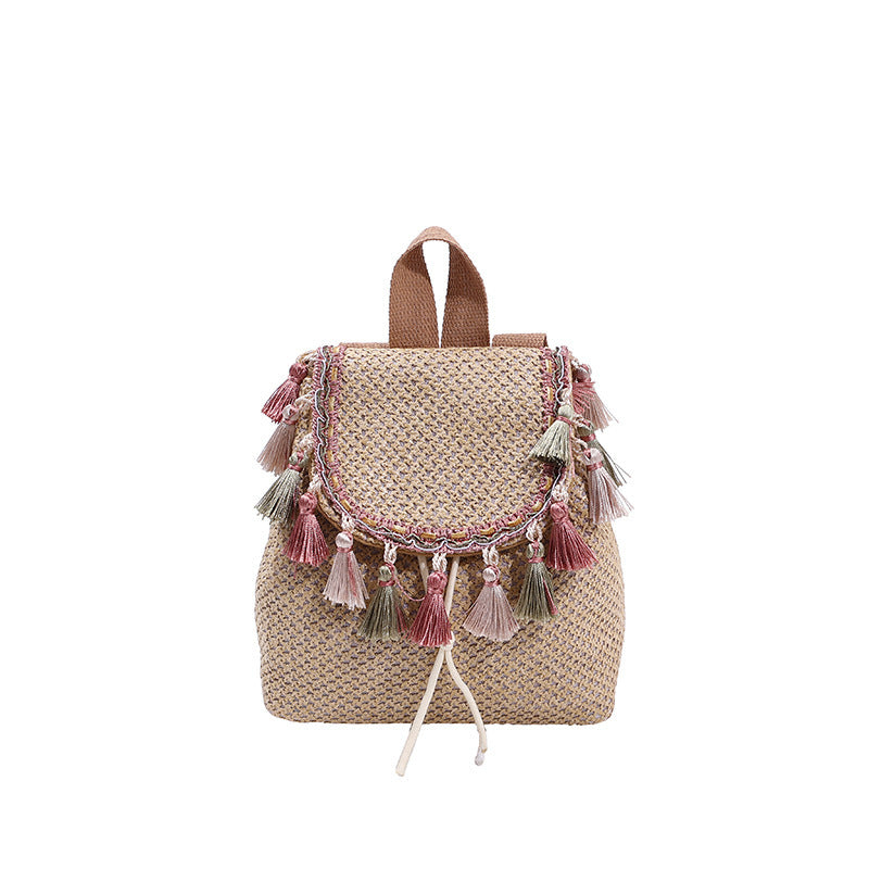 Western Style Travel Women's Straw Backpack Bohemian Style Tassel Bag