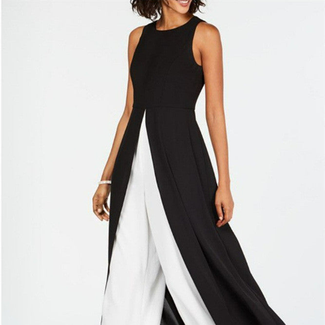 Women's Fashion Color Contrast Black Round Neck Sleeveless Jumpsuit