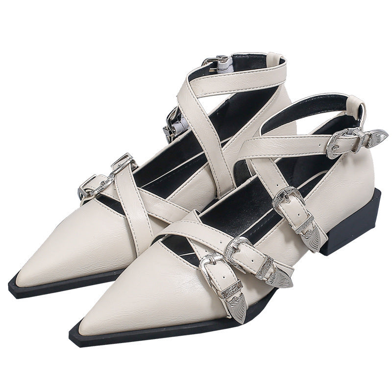 Pointed Toe Square Heel Shoes Women's Fashionable Cross Buckle Strap Mary Jane Shoes