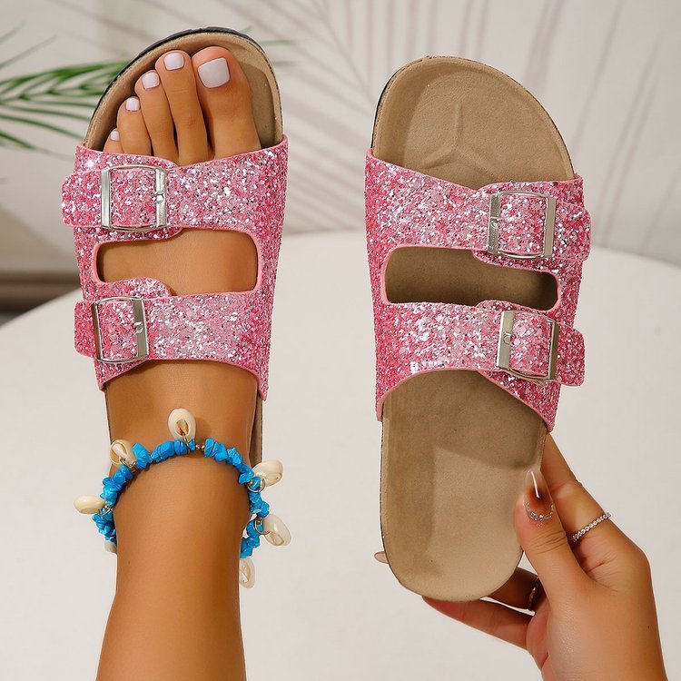 Double Buckle Sandals For Women New Fashion Sequined Beach Shoes Summer Leisure Outdoor Slippers Slides