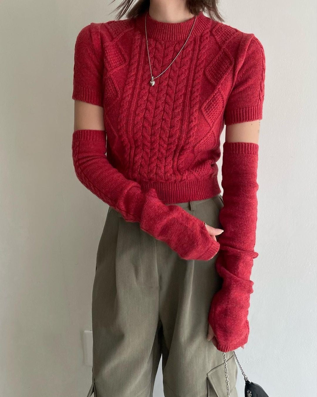 Vintage Red Short Crewneck Slim Short-sleeved Sweater