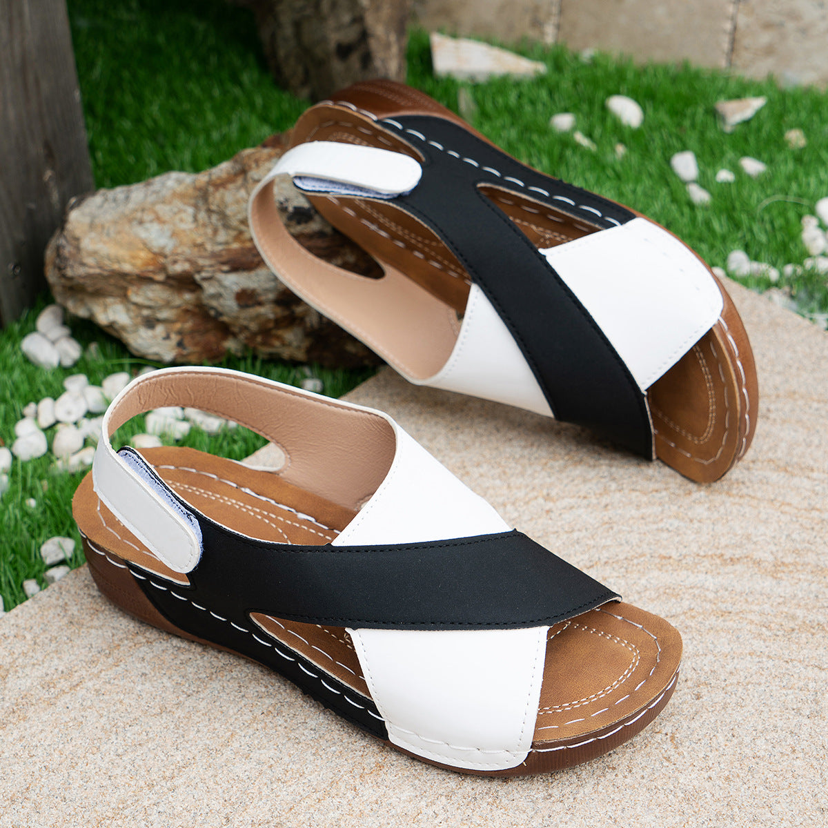 Summer Wedges Sandals With Colorblock Cross-strap Design Casual Thick-soled Roman Shoes For Women