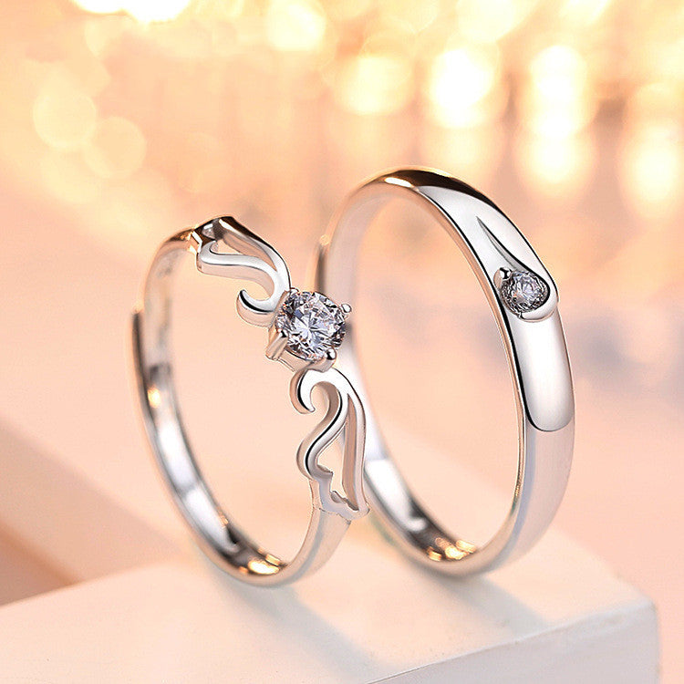 Silver Angel Wings Diamond Couple Ring