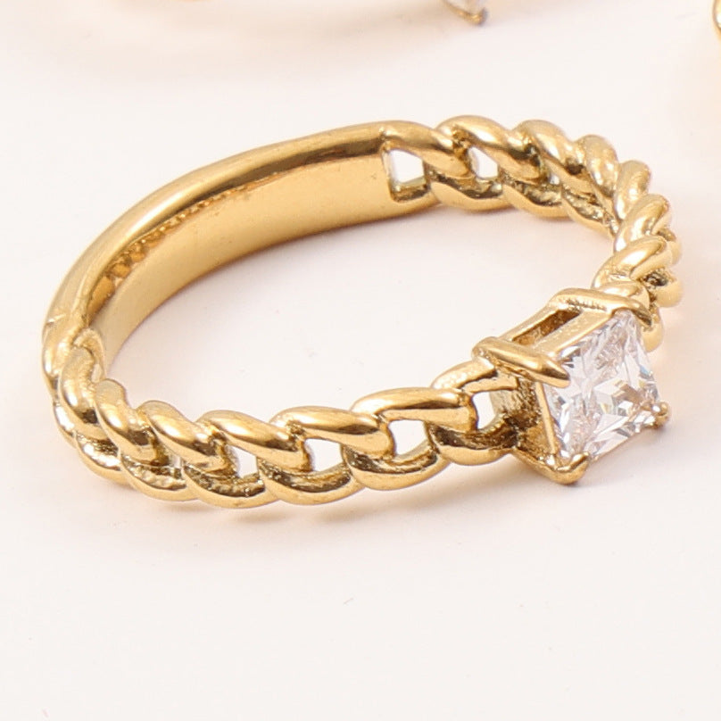 Chain Style Zircon Ring Titanium Steel Plated 18K Gold