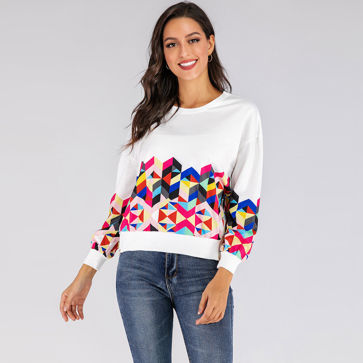 Women's round neck geometric printing zipper decoration long sleeve sweater