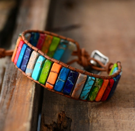 Colored Imperial Stone Hand-woven Single-layer Leather Bracelet Creative Ethnic Style Simple Bracelet