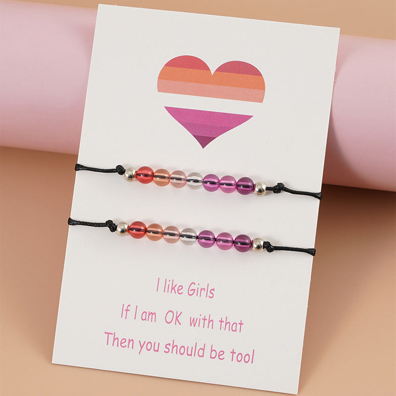 Colorful Beaded Bisexual Couple Card Bracelet Acrylic Ball Weave Adjustable Women's Bracelet