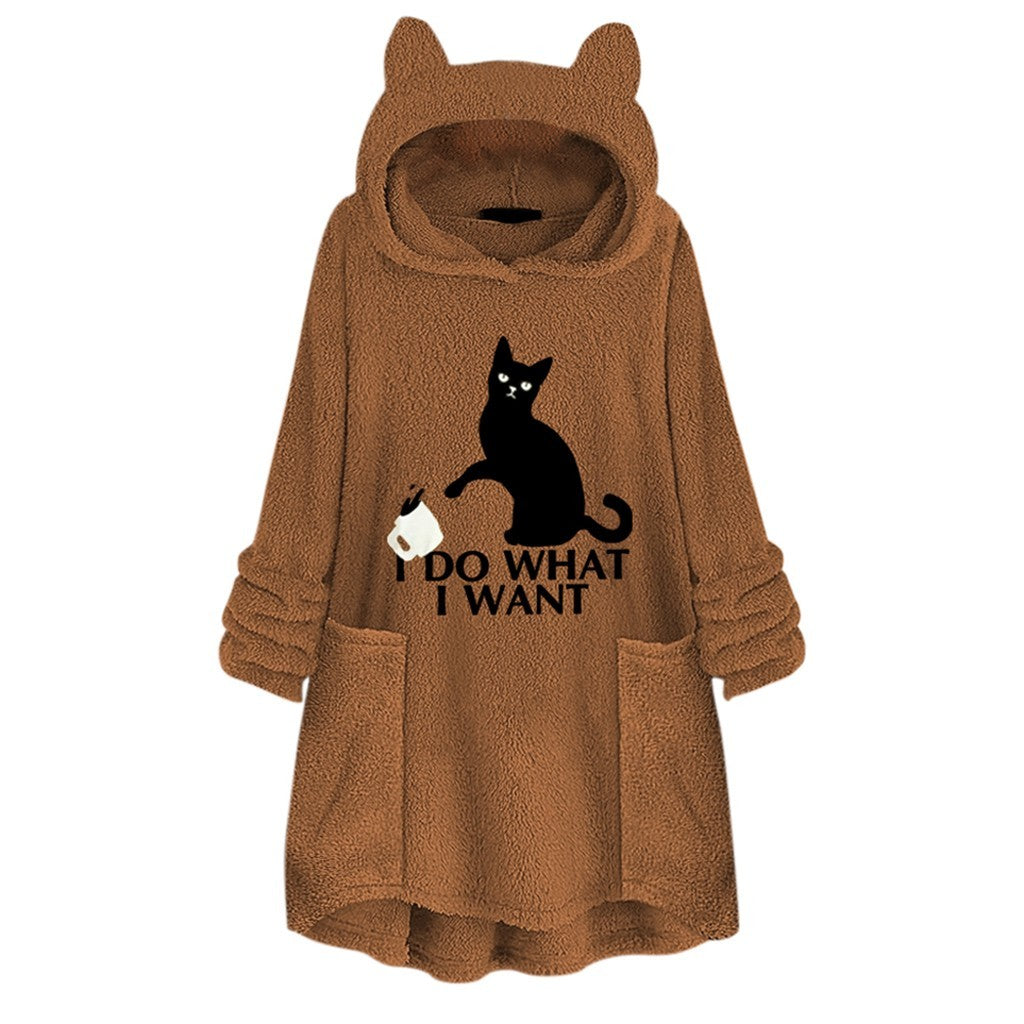 Hooded Pullover Cat Print Long Sleeved Reversible Velvet Sweater