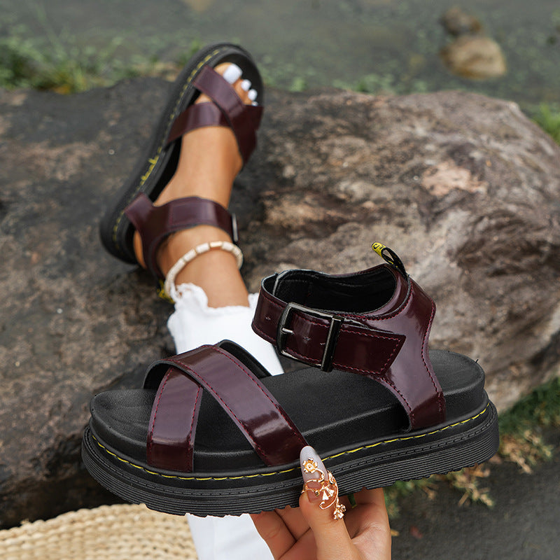 Summer Thick-soled Cross-strap Solid Color Buckle Plus Size Hollow-out Roman Style Sandals