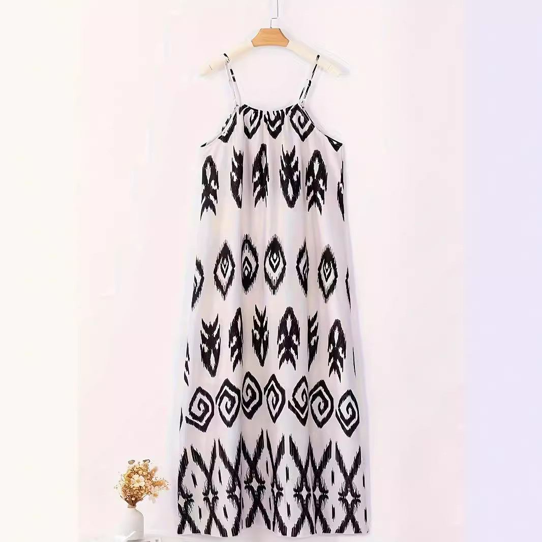 All-match Loose Printed Long Sleeveless Pullover Suspender Skirt