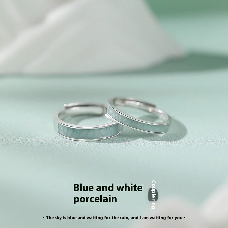 Blue And White Porcelain S925 Sterling Silver Couple's Ring Pair Special-interest Design High-grade Opening