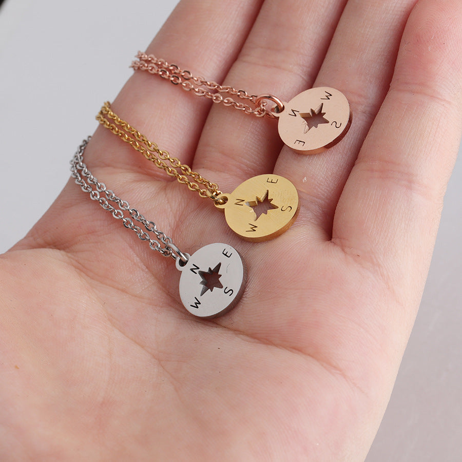 Creative Stainless Steel Compass Shape Round Mirror Necklace