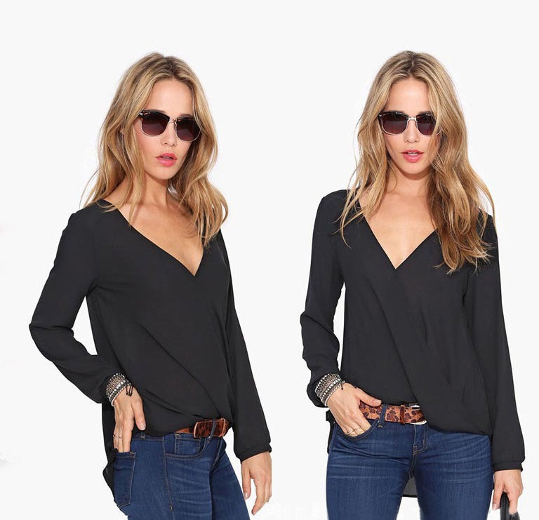 New women's European and American long-sleeved V-neck large size long-sleeved chiffon shirt