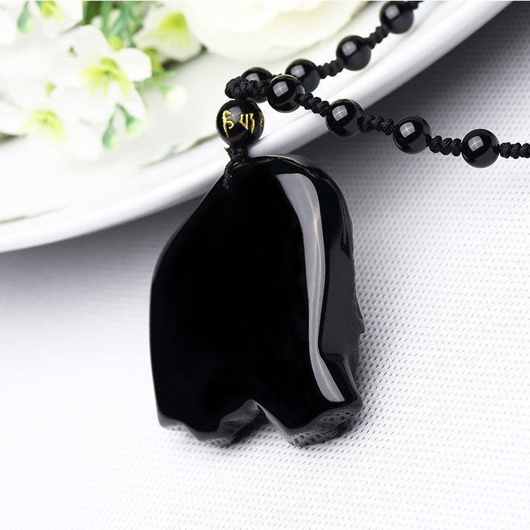 Obsidian Wealth-absorbing Elephant Pendant Necklace