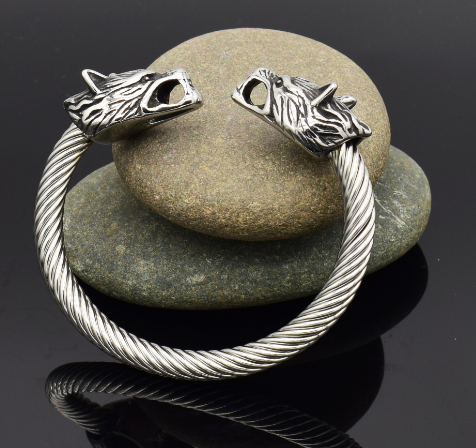 Asgard Crafted Handcrafted Stainless Steel Large Grey Wolf Head Torc Bracelet