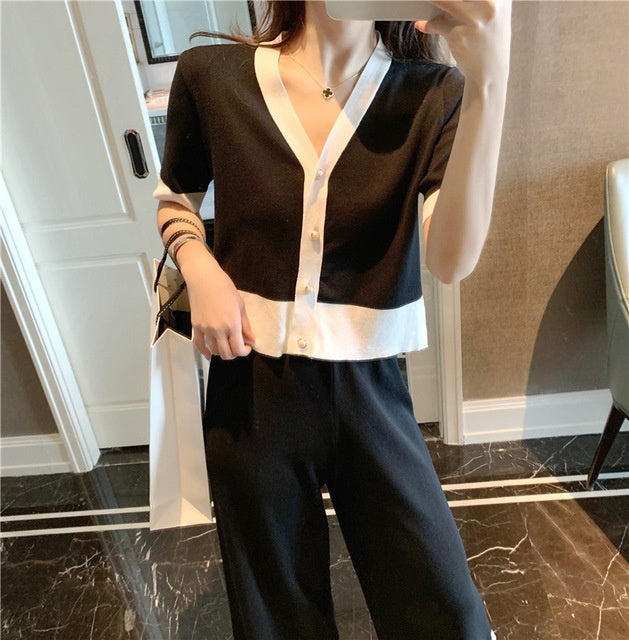 Black and white color matching small fragrance knit suit