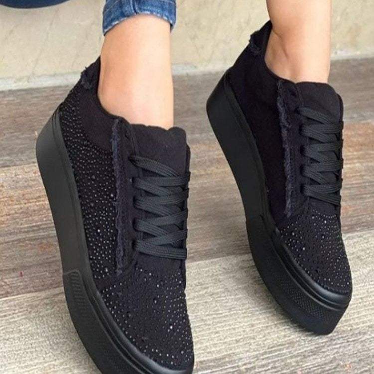 Plus Size Women's Shoes Thick Bottom Lace-up Rhinestone Casual Sports Single-layer Shoes