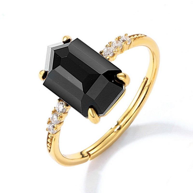 Natural Black Agate Geometric Open Ring Japanese Luxury
