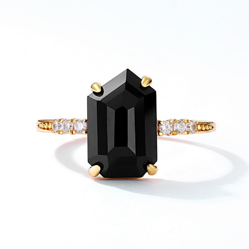 Natural Black Agate Geometric Open Ring Japanese Luxury