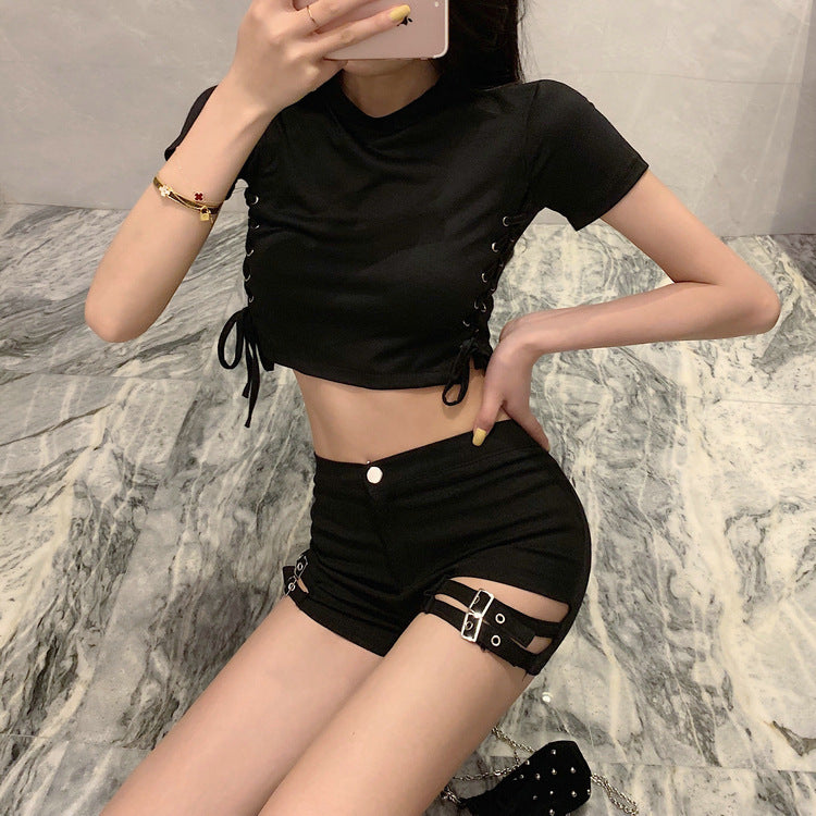 Double Buckle Design High Waist Stretch Tight Shorts For Women