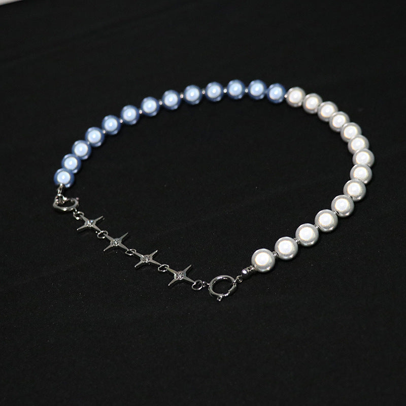 Blue Luminous Pearl Stitching Necklace Female Cross