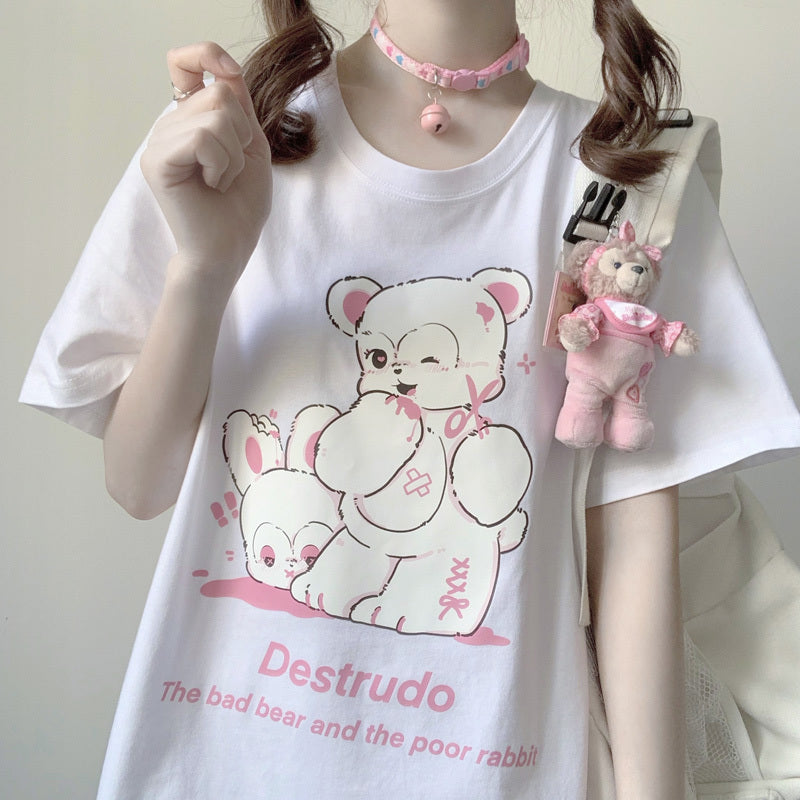 Japanese Original Bad Bear Rabbit Print Summer New Soft Girl Sweet And Loose Cotton Short-Sleeved T-shirt Female Top