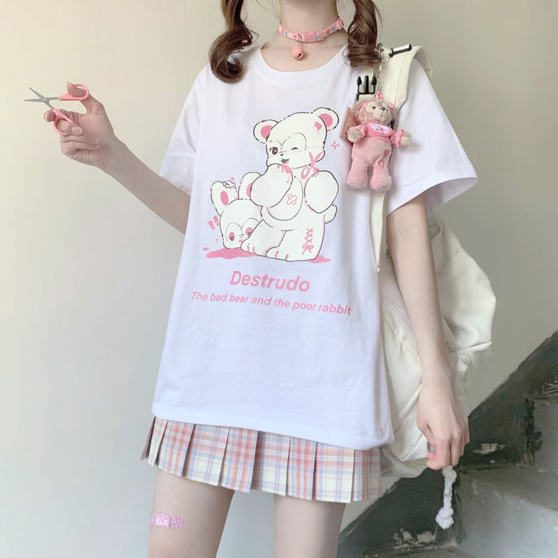 Japanese Original Bad Bear Rabbit Print Summer New Soft Girl Sweet And Loose Cotton Short-Sleeved T-shirt Female Top