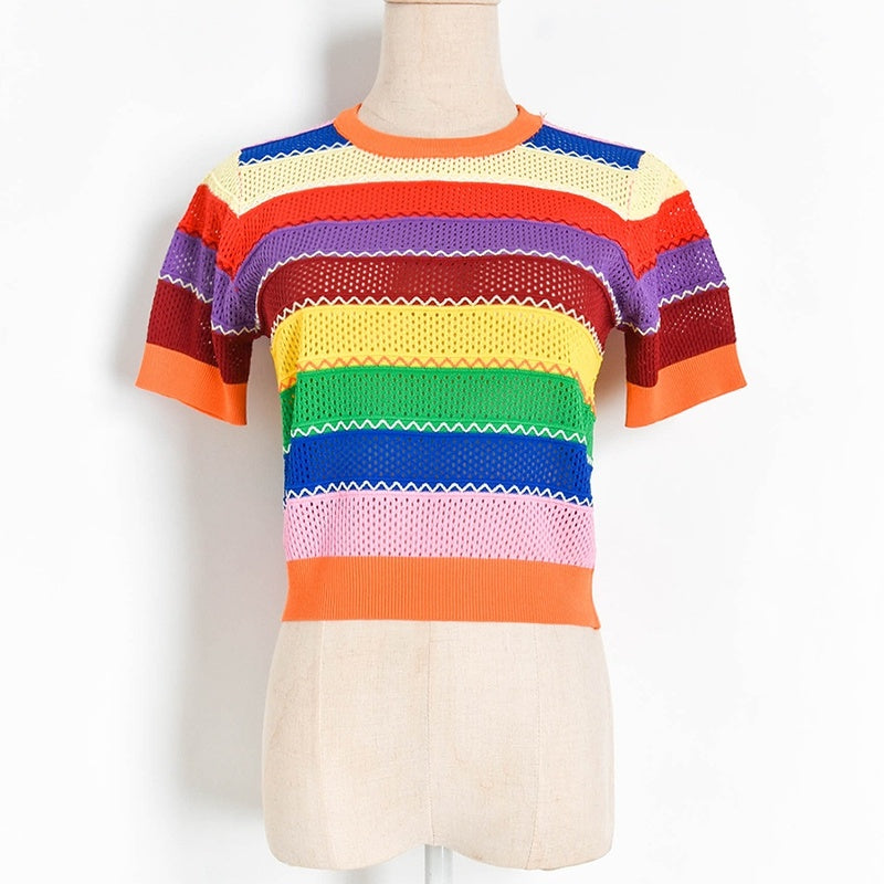Contrasting Color Rainbow Stripe Cutout Thin Short-sleeved Sweater, Bead Round Neck T-shirt Women