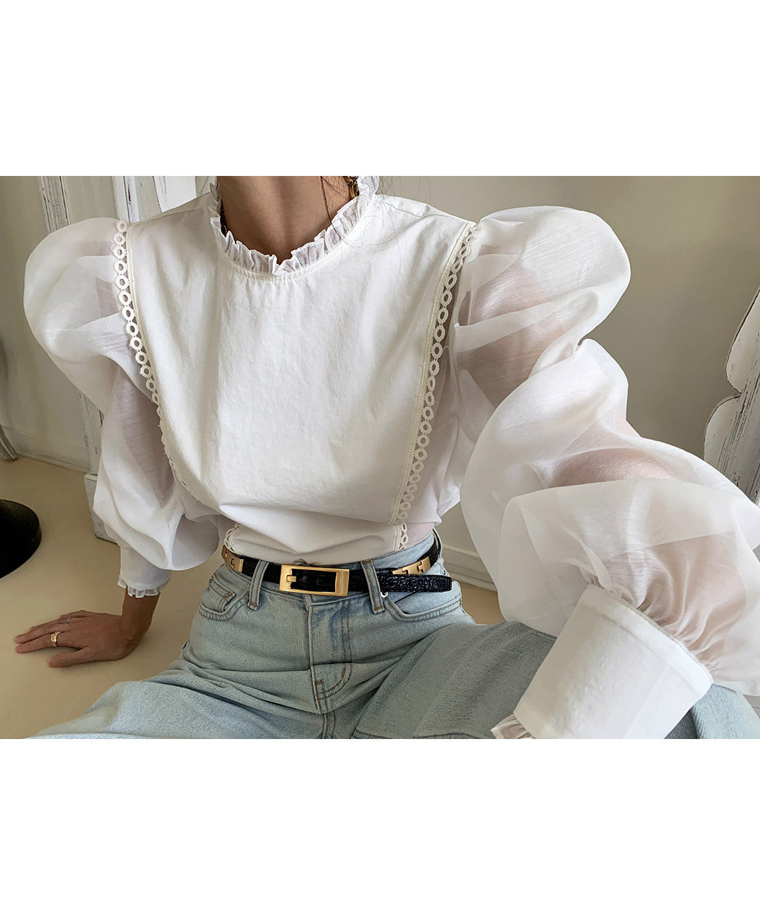 Korean Chic Niche Temperament Wood Ears Stand Collar Lace Design Micro-Permeable Organza Stitching Puff Sleeve Shirt Women