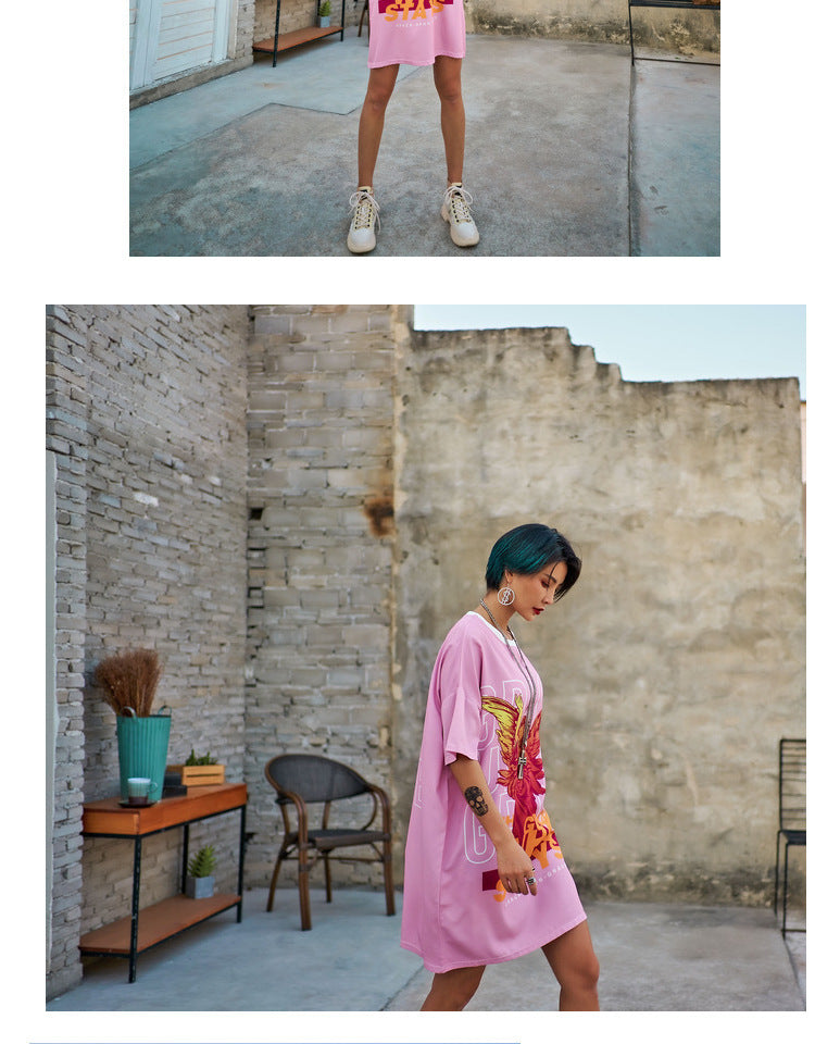 Short-sleeved T-shirt Personalized Street Shooting Skirt Pink Goddess Angel Digital Print