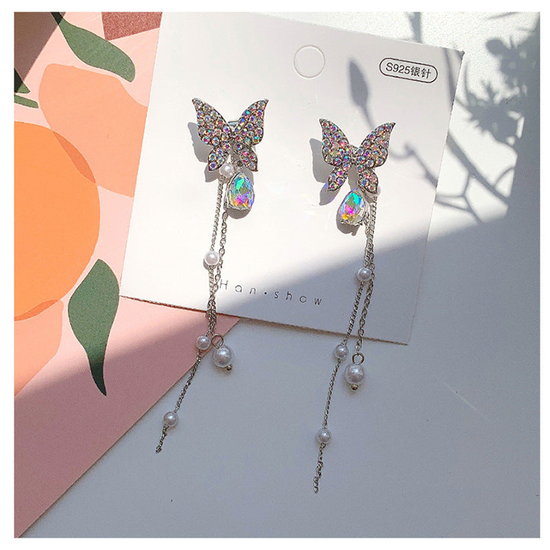 S925 Silver Needle New Two-Wear Butterfly Pearl Earrings Tassel Temperament Net Red Earrings Tide Ears