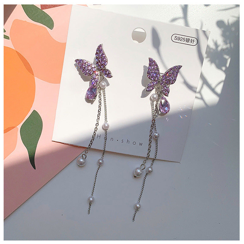 S925 Silver Needle New Two-Wear Butterfly Pearl Earrings Tassel Temperament Net Red Earrings Tide Ears