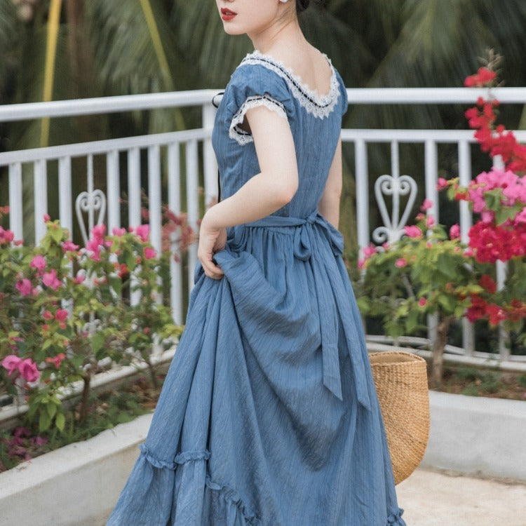 Short-sleeved Peacock Blue Lace Round Neck Ruffled Vintage Jacquard Dress