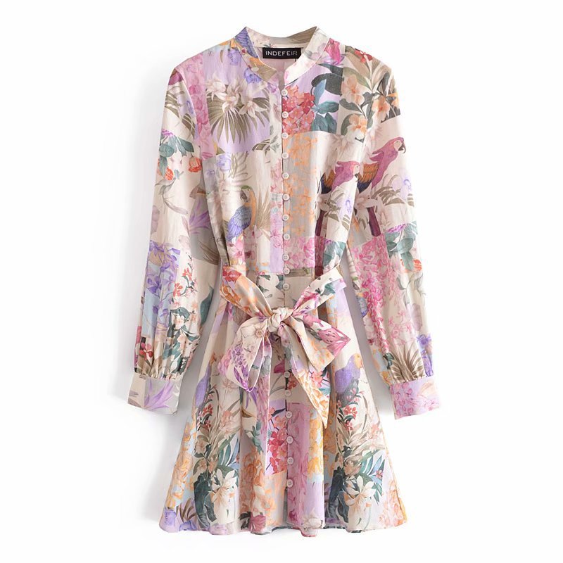 New European And American Style Linen Floral Print Belted Shirt Dress