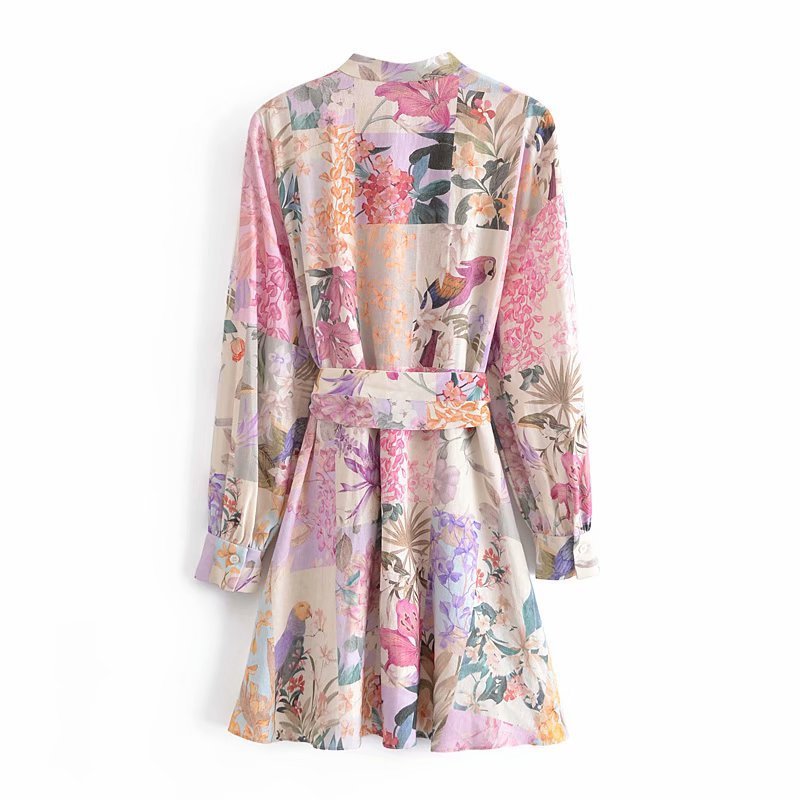 New European And American Style Linen Floral Print Belted Shirt Dress