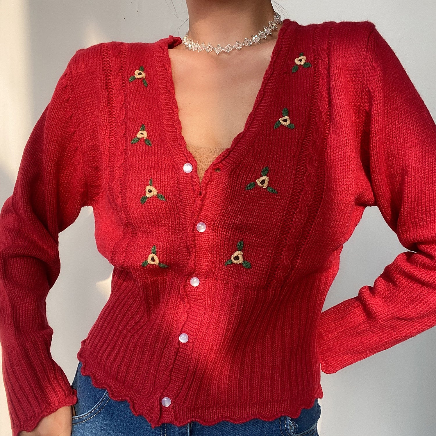 Retro French V-neck Cute Wooden Ears Crochet-breasted Slim Long Sleeve Knit Cardigan Top
