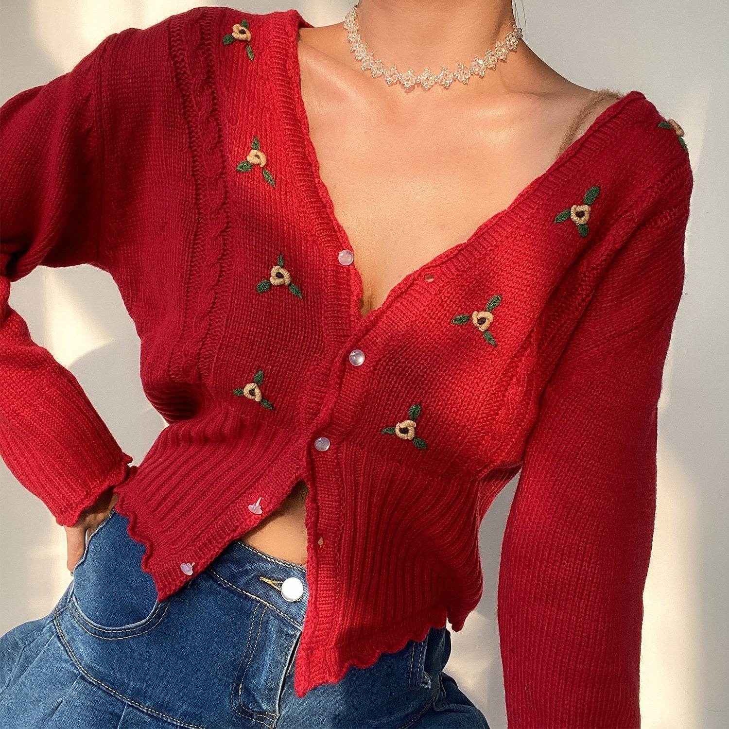 Retro French V-neck Cute Wooden Ears Crochet-breasted Slim Long Sleeve Knit Cardigan Top