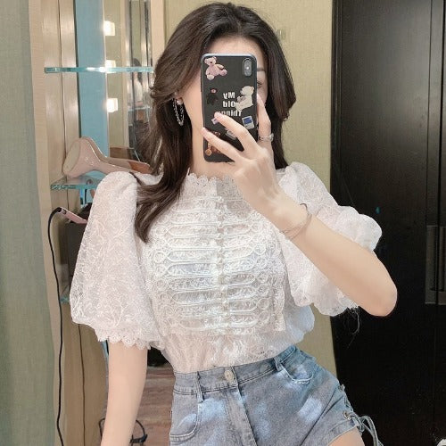 Shirt Temperament Bubble Short-sleeved French Niche Lace Top Women's Clothing