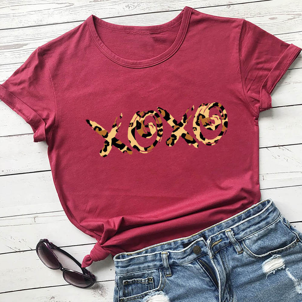 Valentine's Day New Leopard Print T-shirt Round Neck Short-sleeved Foreign Trade T-shirt