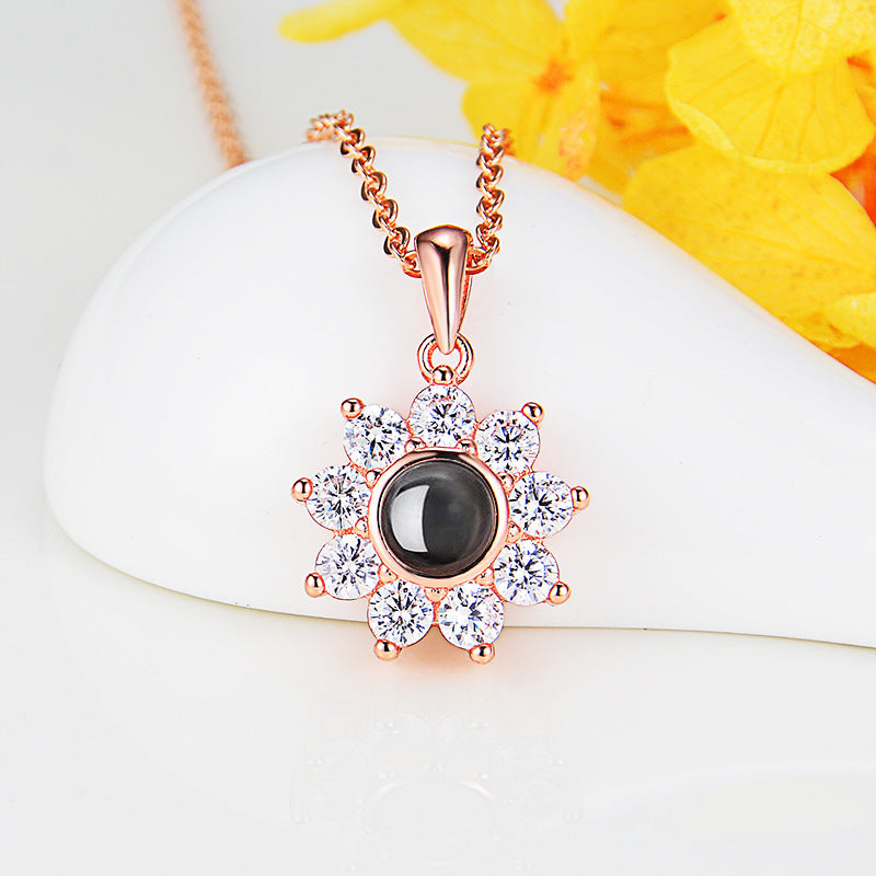 Custom Photo Name Projection Necklace Rose Gold Silver Color Clavicle Chain Personalized Sun Flower Shaped Pendant Jewelry
