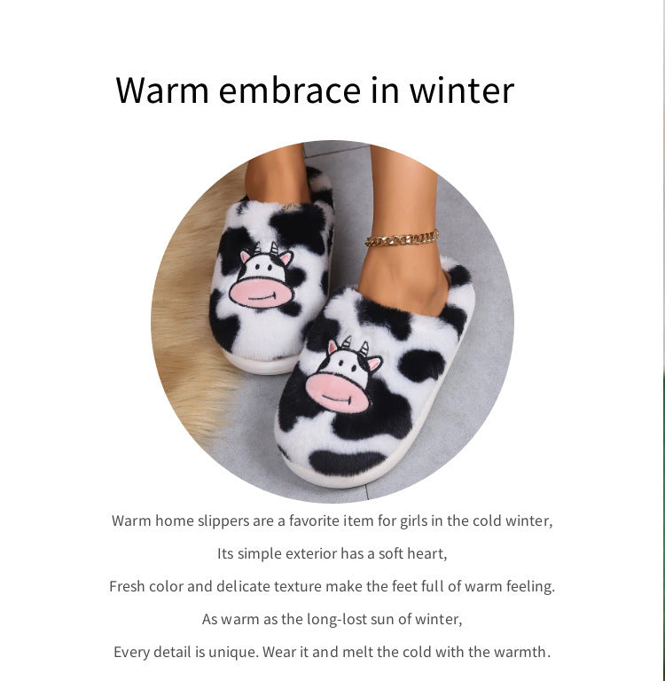 Cartoon Cow Cotton Slippers Indoor Non-slip Warm House Shoes Winter